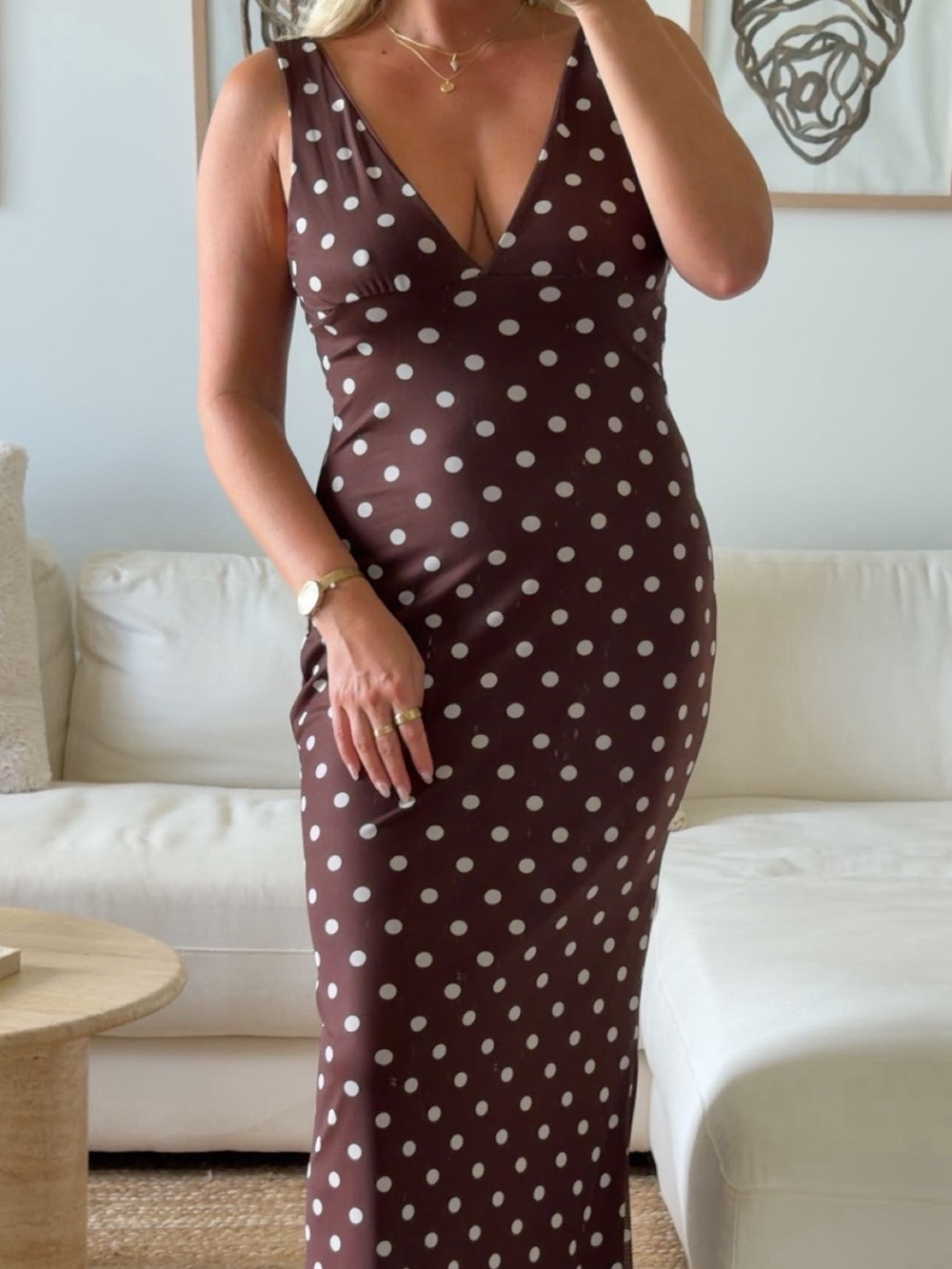 Blue Blush Polka Dot Brown Sleeveless V-Neck Maxi Dress